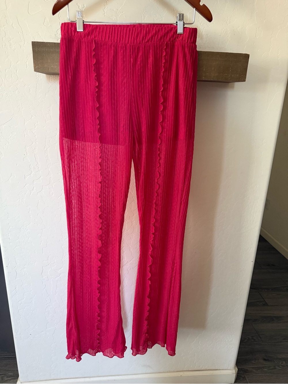 Zara|Sheer Scallop-Trim Wide Leg Flare Pants - Hot Pink•••LARGE,Beachy vacation
